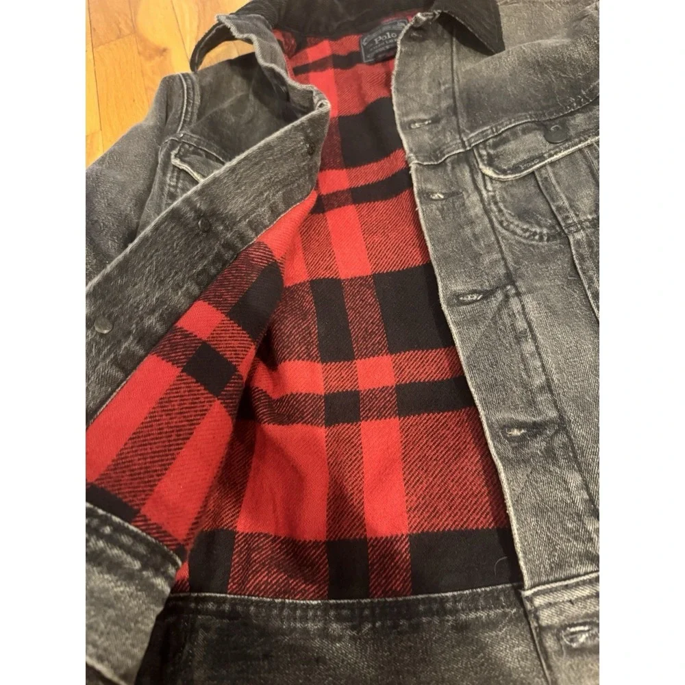 Polo Ralph Lauren Black Denim Trucker Jacket Womens S Buffalo Plaid Lined - Picture 10 of 12